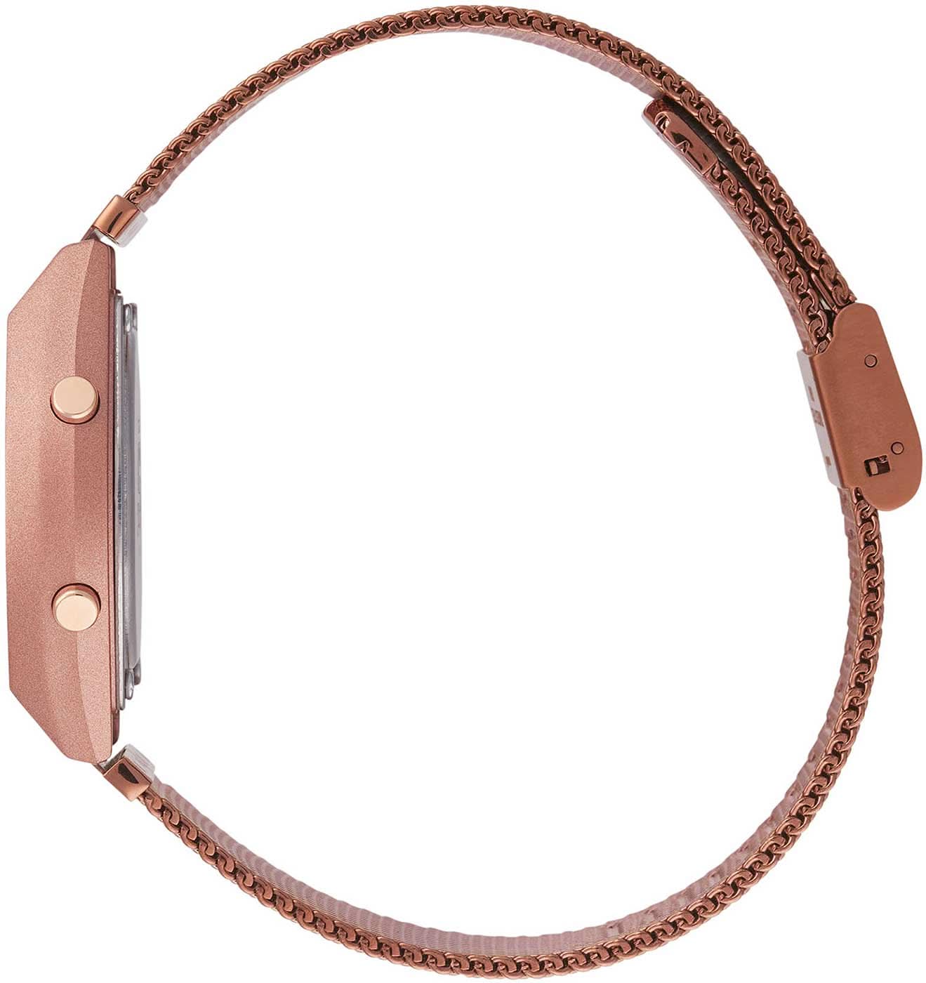Armbandsur med roséguldpläterat länklänkarmband och boett, sidovy av knappen.