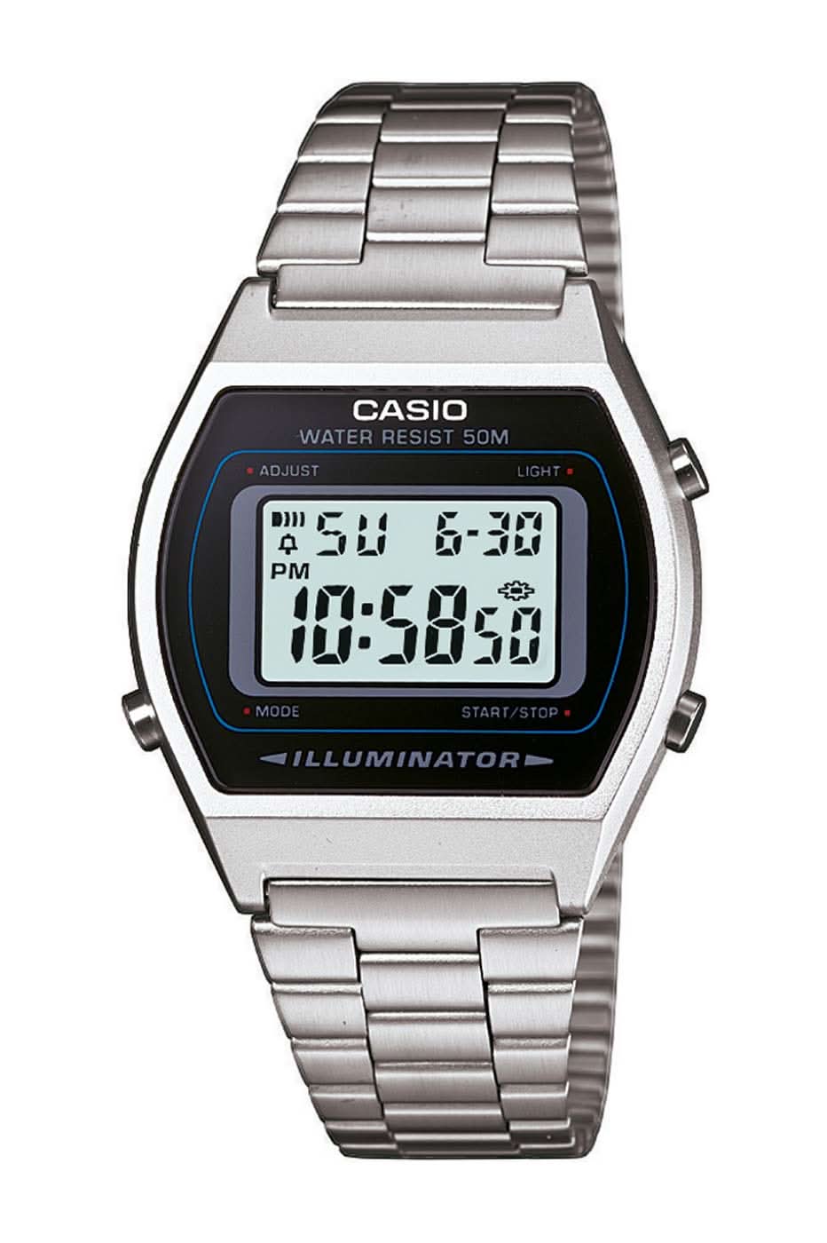 Casio digitalklocka med armband i rostfritt stål, svart display och visning av veckodag och datum