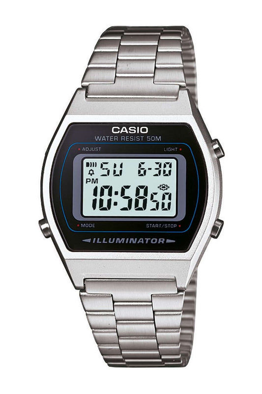 Casio digitalklocka med armband i rostfritt stål, svart display och visning av veckodag och datum