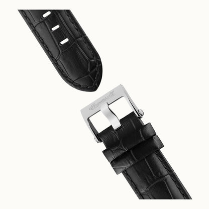 Ingersoll Armbanduhr Verschluss mit silberner Schließe und schwarzem Lederband