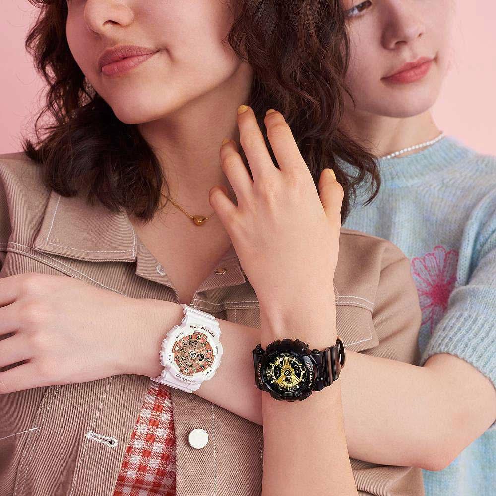 Casio Baby-G damklockor, vita och mörka armband, runda urtavlor