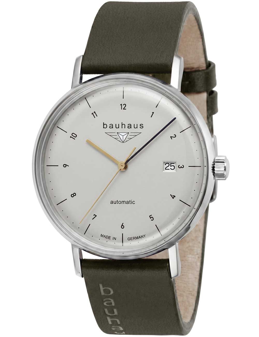 Bauhaus Herrenuhr: silbernes Zifferblatt, dunkelgrünes Lederarmband, automatische Uhr