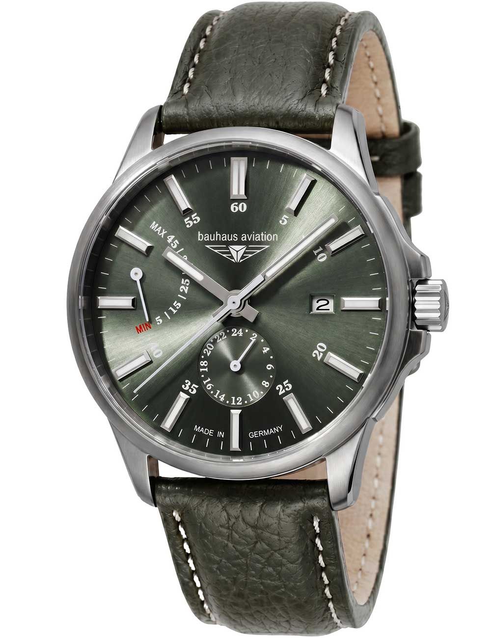 Herrenuhr mit grünem Zifferblatt, Lederarmband und Titanfarbenem Gehäuse