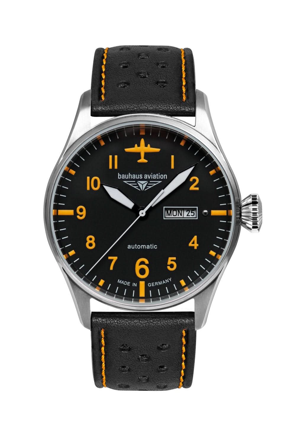 Herrklocka med svart urtavla, orange visare och läderarmband