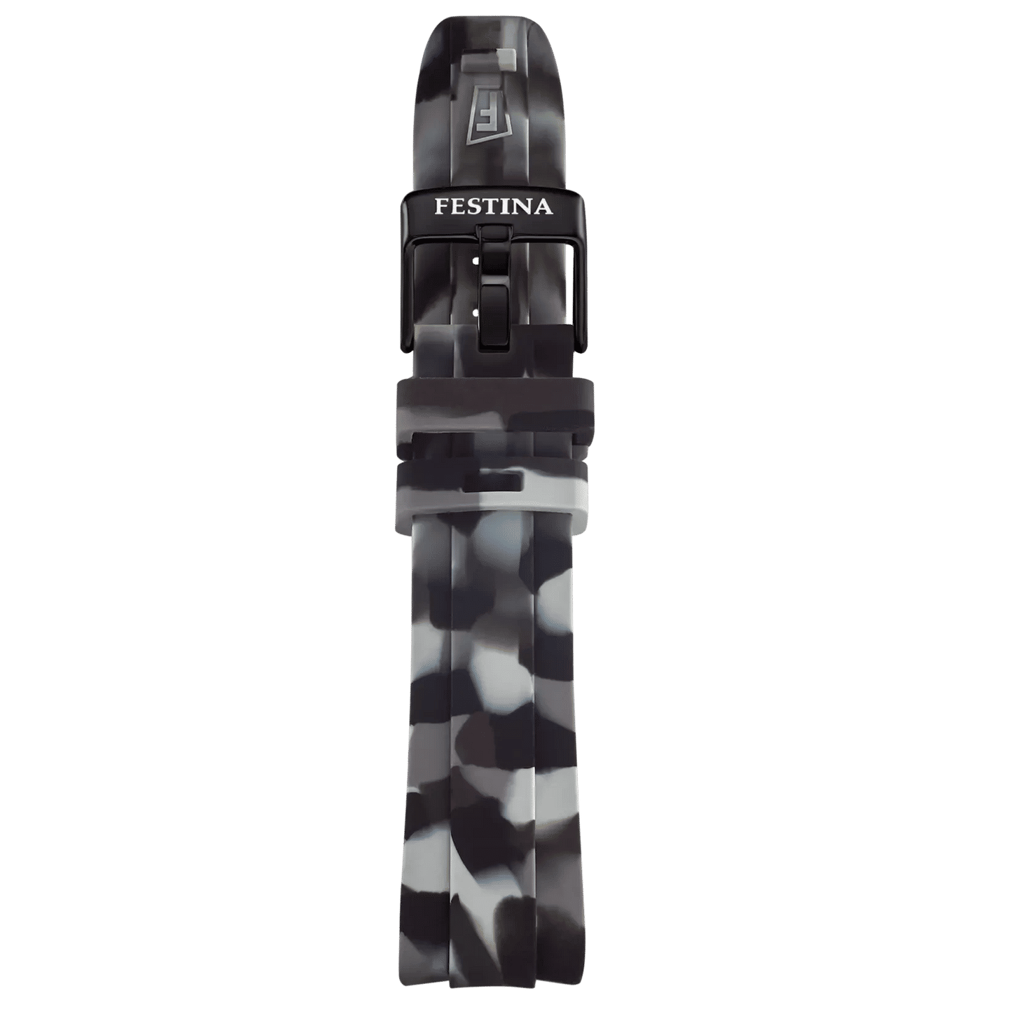 Herrarnas kronografklocka med svart kamouflagemönstrat armband från sidan, spänne synligt
