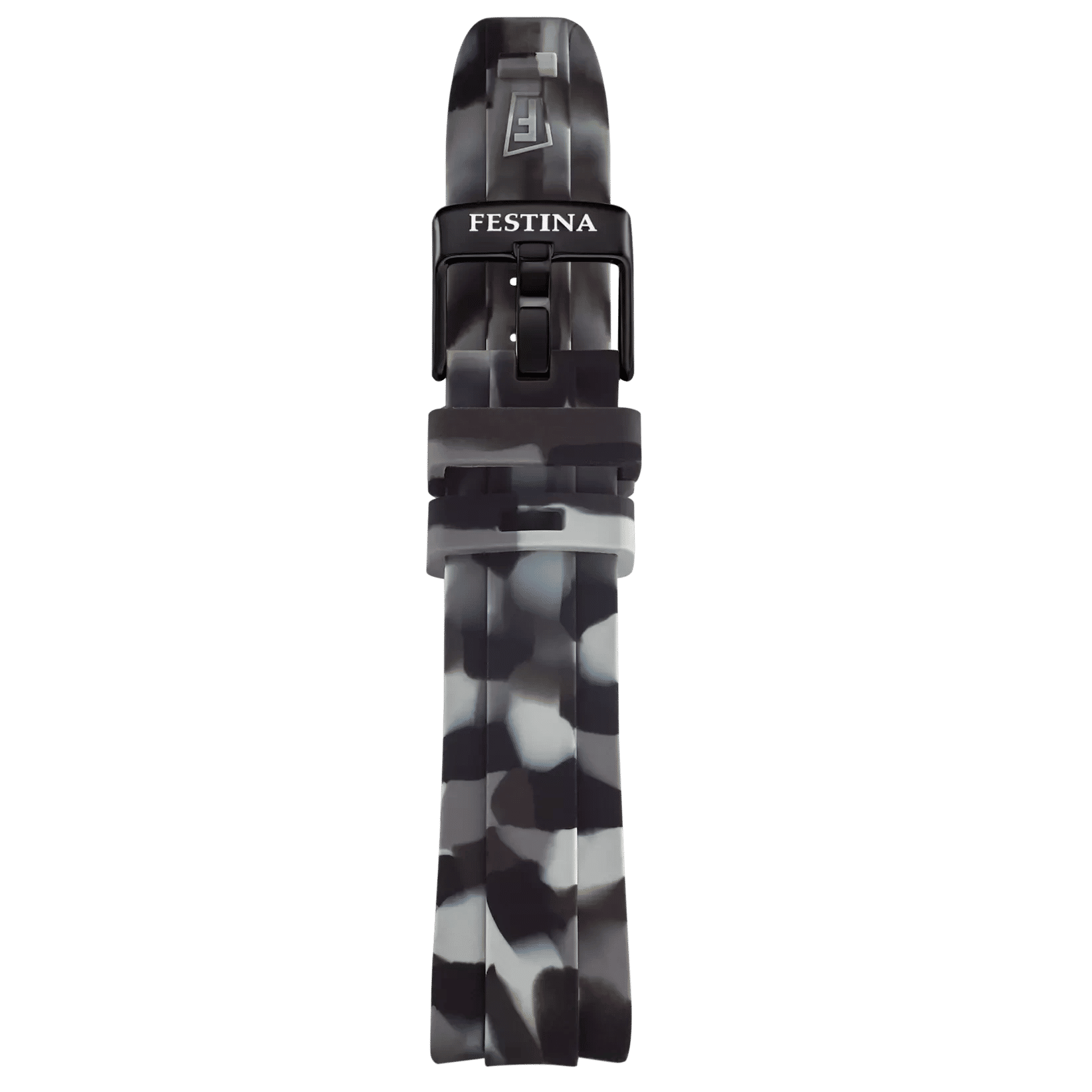 Herrarnas kronografklocka med svart kamouflagemönstrat armband från sidan, spänne synligt