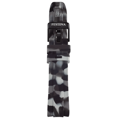 Herrarnas kronografklocka med svart kamouflagemönstrat armband från sidan, spänne synligt