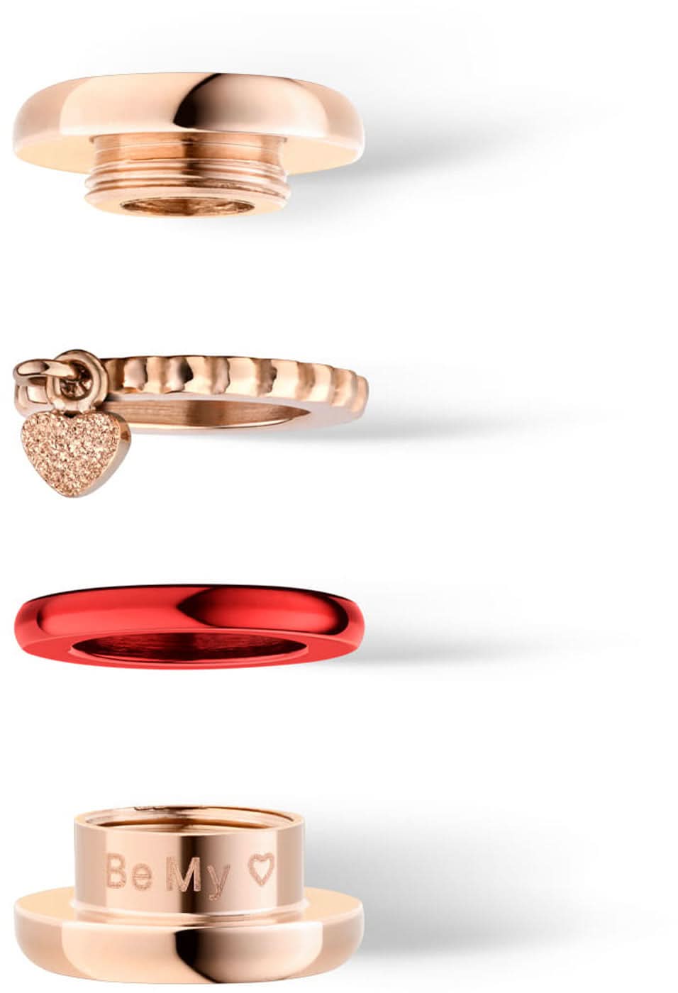 Flerbildsvisning av rostfritt stål-charm: roséguldfärgad ring, rött innerfack och hjärtdetalj