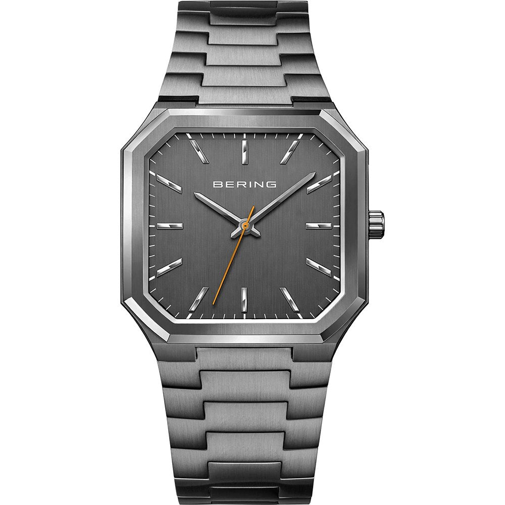 Bering Herrenarmbanduhr mit grauem Zifferblatt und silberfarbenem Metallarmband, eckiger Form