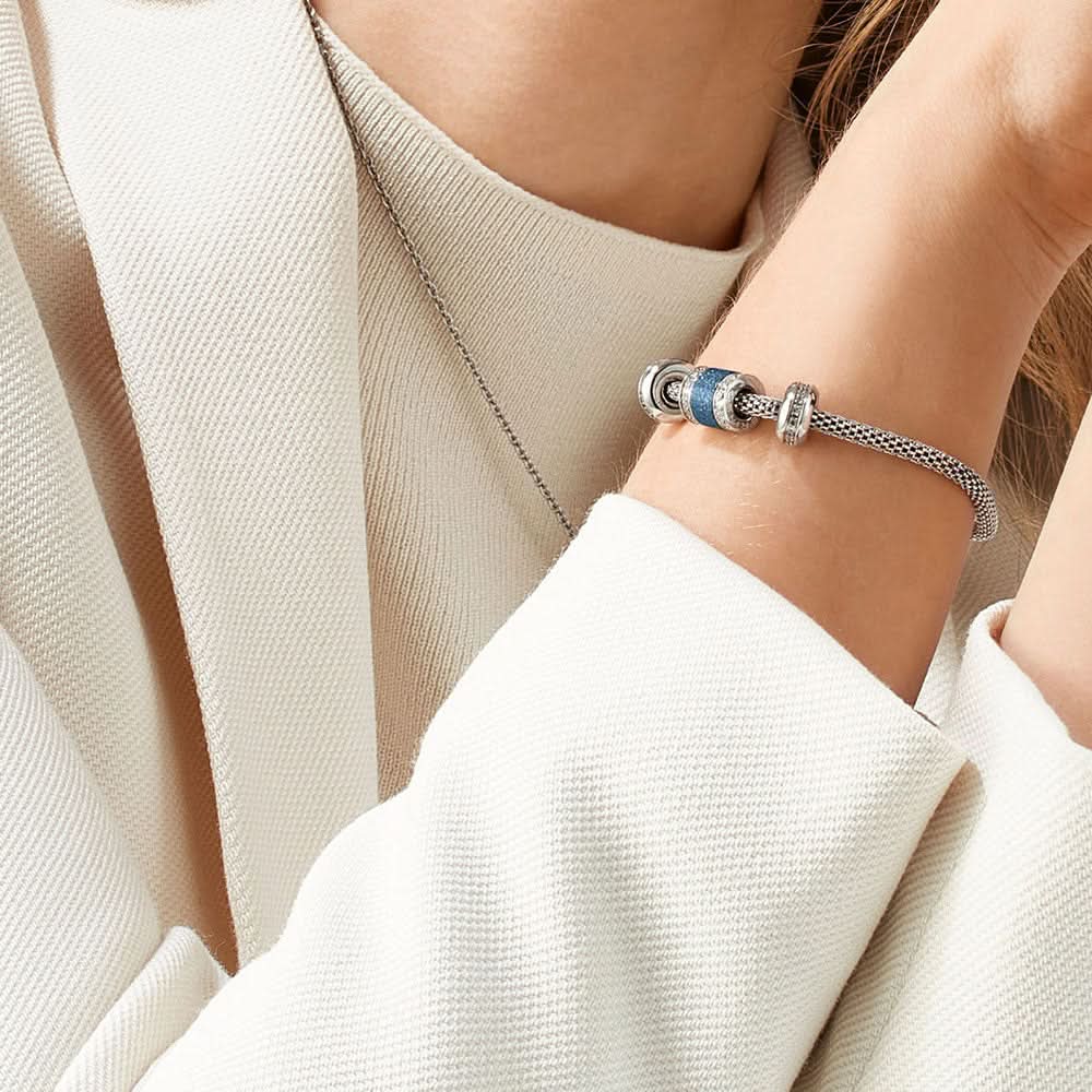 Charm i rostfritt stål till armband med blå insats och zirkoniastenar