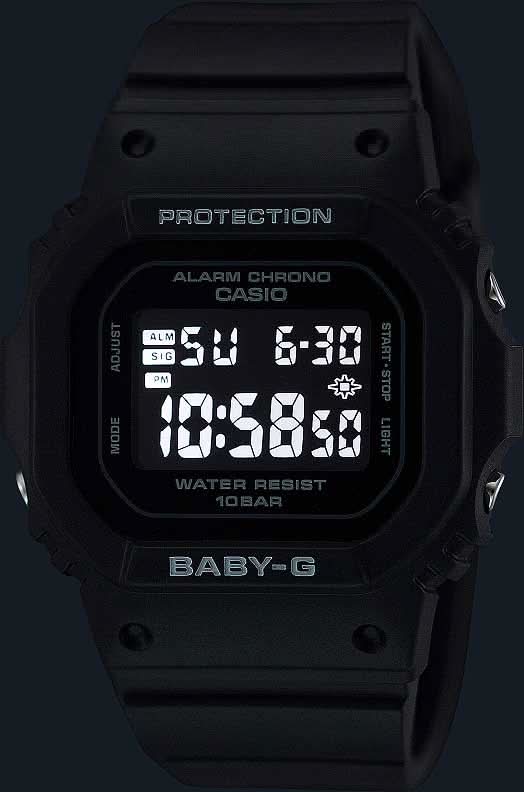 Digital damklocka Baby-G med stor LCD, kontrollknappar och strukturerat armband