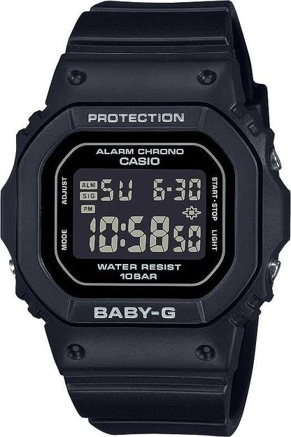 Digital Baby-G damklocka med svart LCD-display och svart plastarmband