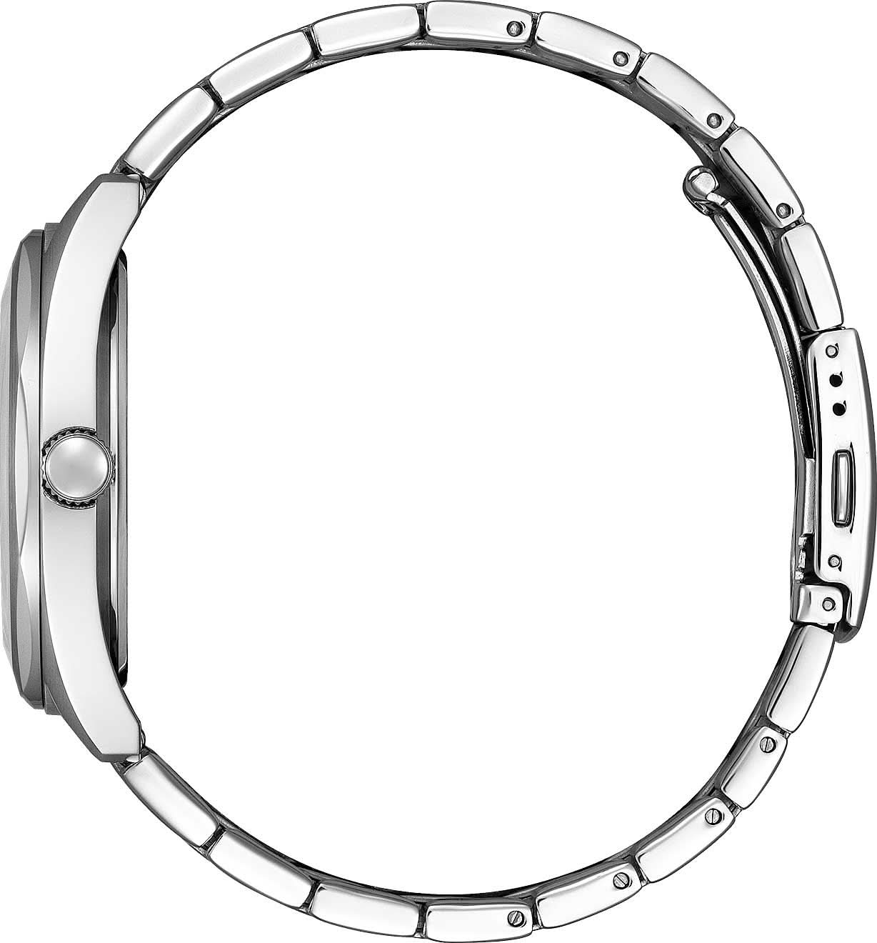 Herrklocka: boett i rostfritt stål med krona och metallarmband, vy från sidan