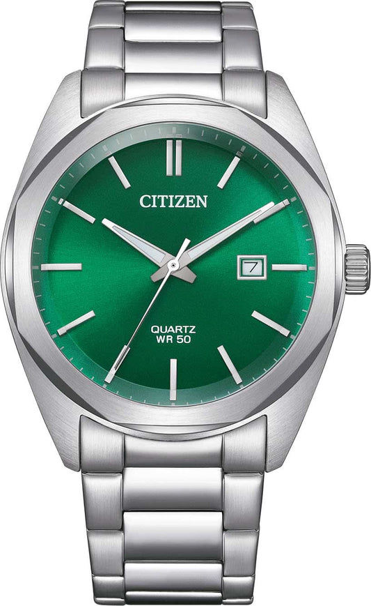 Herrklocka med grön urtavla, CITIZEN-logotyp, armband i rostfritt stål, visare och datumfönster