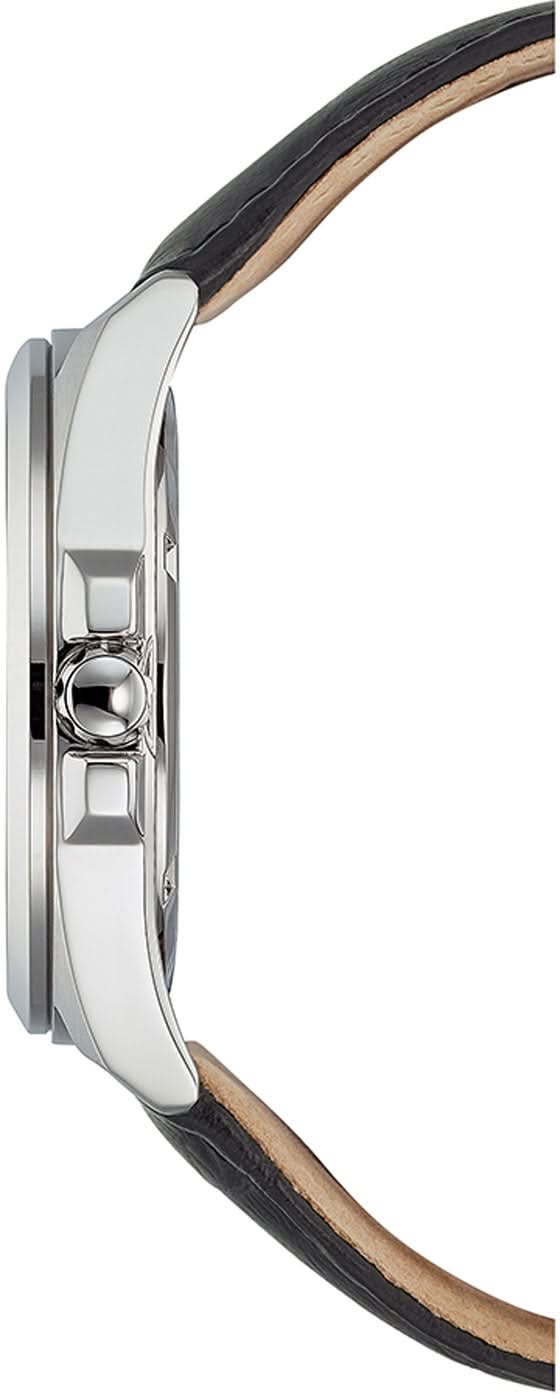 Armbandsur för herrar, sidovy med boett i rostfritt stål och svart läderarmband