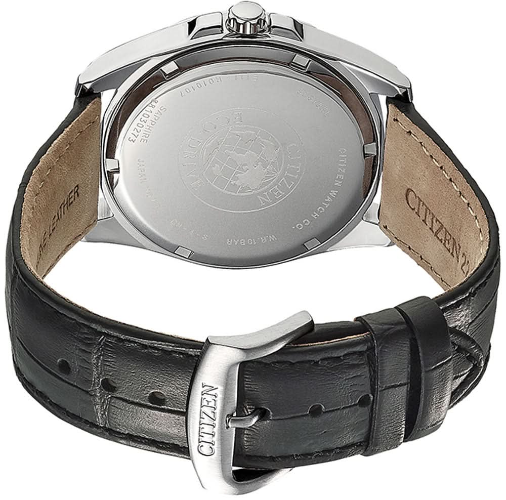 Armbandsur för herrar med boettbaksida i rostfritt stål och svart läderband, synligt spänne