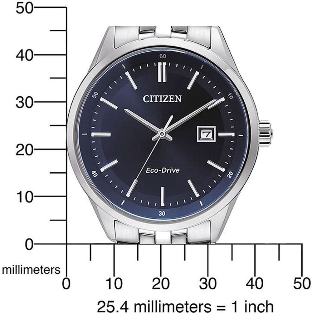 Citizen Eco-Drive klocka med blå urtavla, länkarmband i rostfritt stål och synlig krona