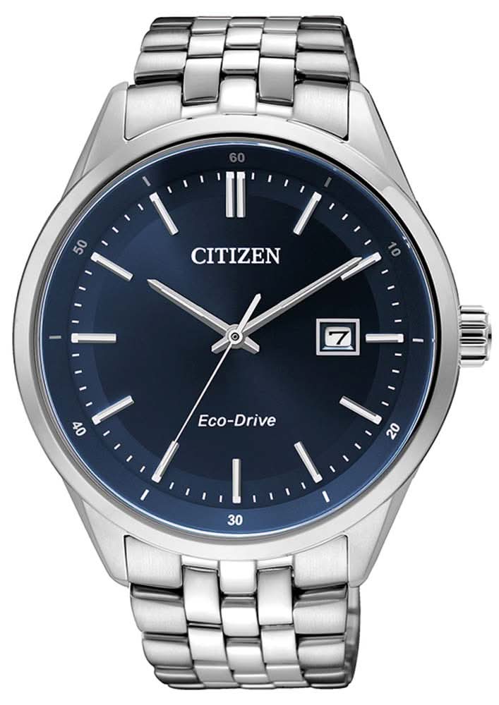 Citizen Eco-Drive klocka: blå urtavla, boett i rostfritt stål, länkarmband
