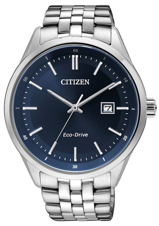 Citizen Eco-Drive klocka: blå urtavla, boett i rostfritt stål, länkarmband