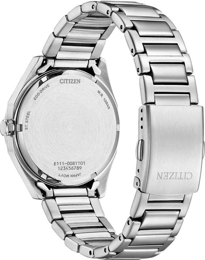 Citizen Eco-Drive herrklocka, baksida med graverat boettlock och länkarmband i rostfritt stål