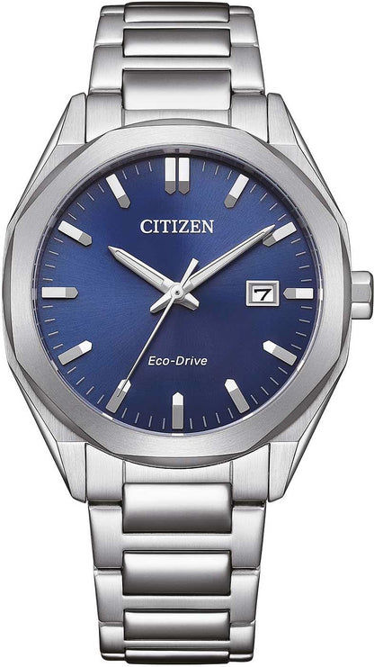 Citizen Eco-Drive herrklocka med blå urtavla och rostfritt stålarmband, rund boett