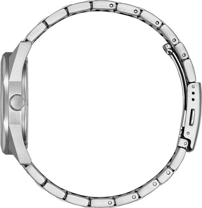 Armbandsur för herrar: boett i rostfritt stål med krona och metallarmband, sidovy