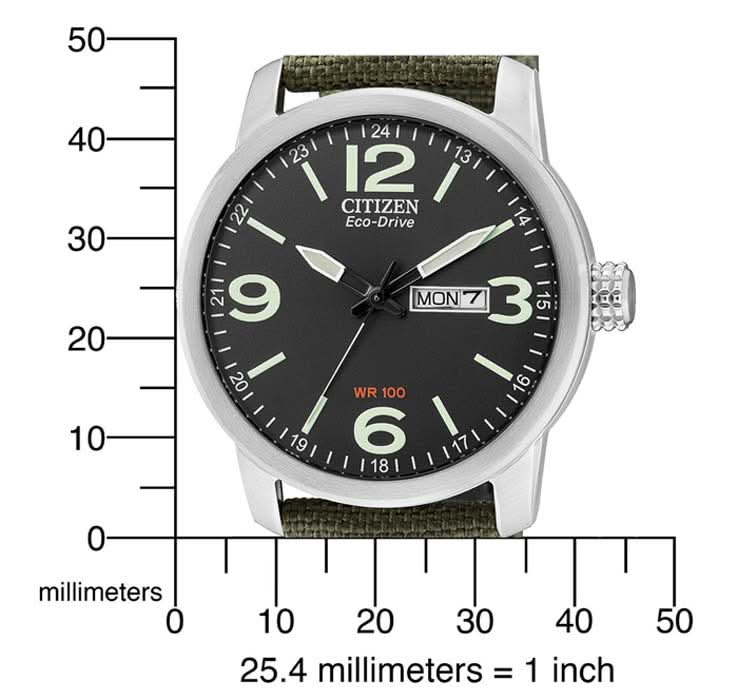 Armbandsur för herrar, vy framifrån med måttskala; svart urtavla och grönt textilband