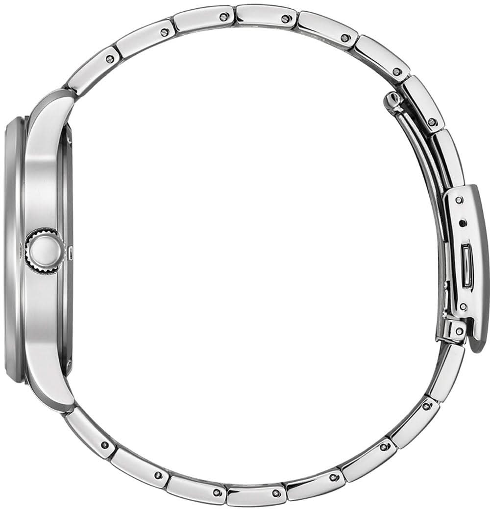 Herrklocka med boett och armband i rostfritt stål sett från sidan, synlig krona och tryckknappar