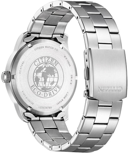 Herrur med Eco-Drive-märkning på baksidan och länkarmband i rostfritt stål