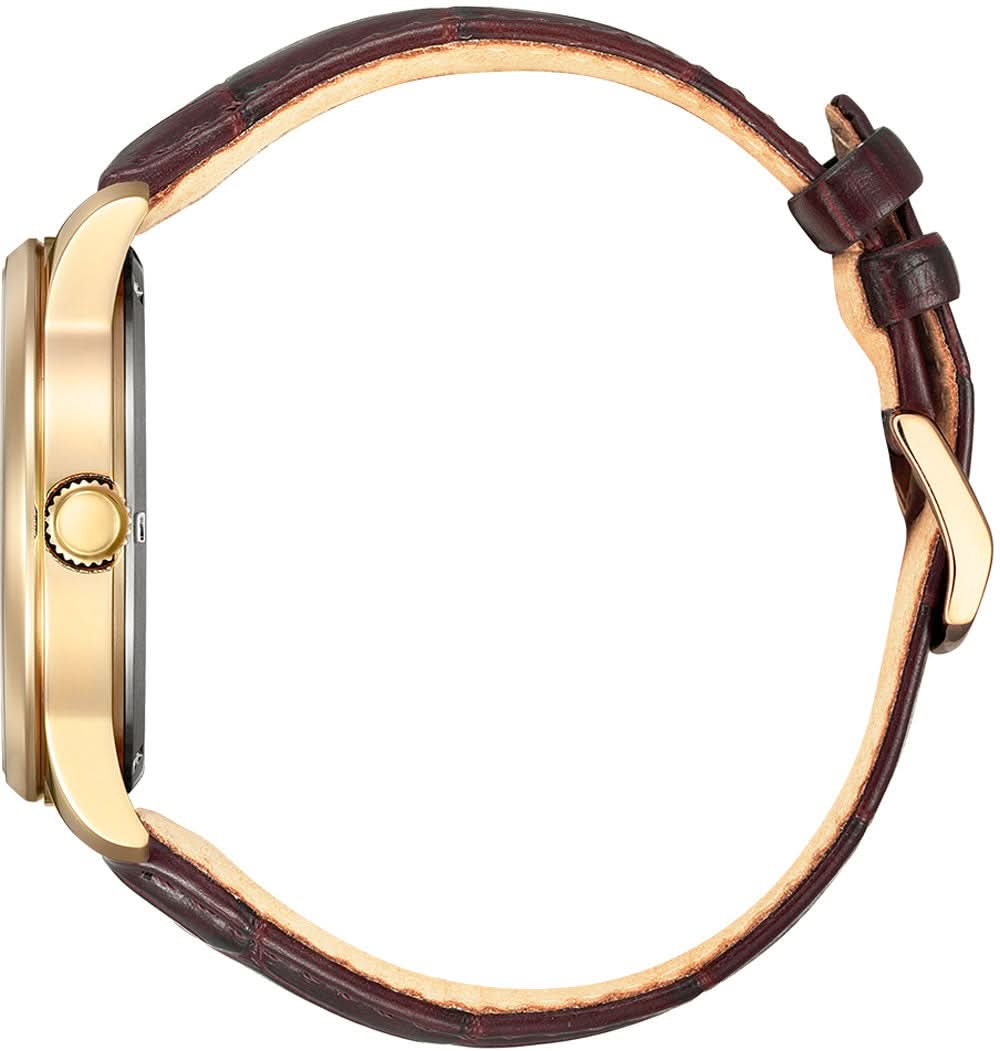 Herrklocka med guldfärgat hölje och krona, vinrött läderarmband