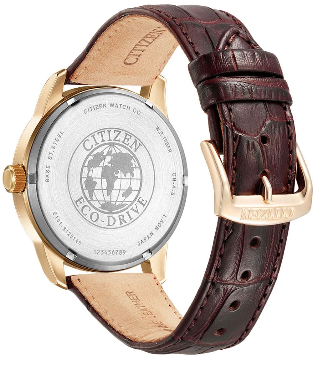 Herrklocka med burgundiskt läderarmband och synlig gravyr på baksidan