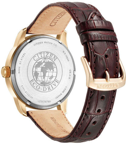 Herrklocka med burgundiskt läderarmband och synlig gravyr på baksidan