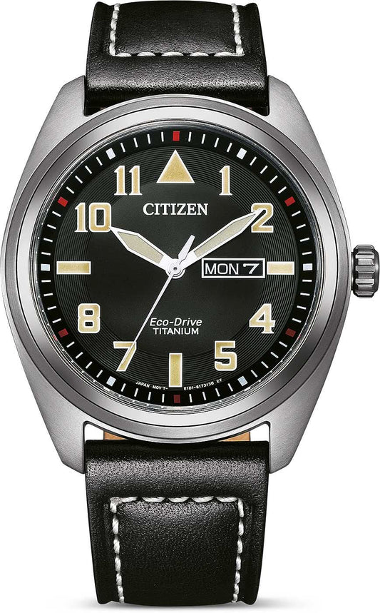Citizen herrklocka med svart urtavla, datumvisning och svart läderarmband