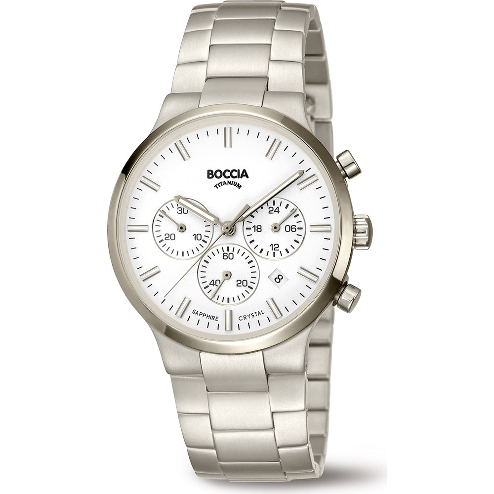 Boccia Herrenarmbanduhr mit silbernem Titanarmband, weißem Chronographen-Zifferblatt und Saphirglas