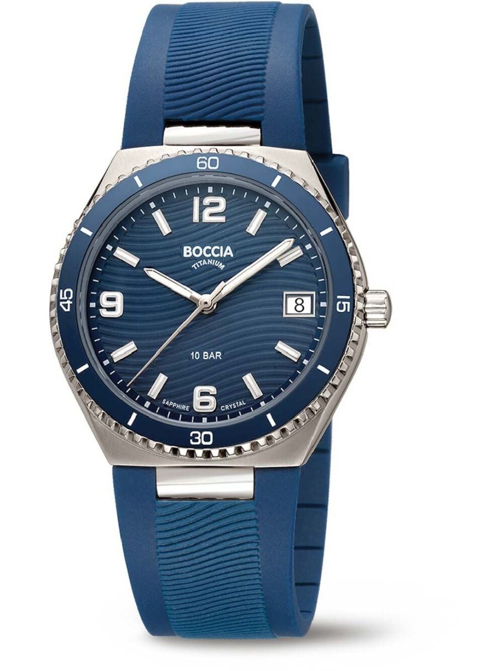 Boccia Damen-Armbanduhr mit blauem Zifferblatt, blauem Armband und silberner Lünette