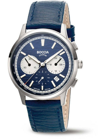 Chronograf Boccia Titanium: męski zegarek na rękę z niebieskim skórzanym paskiem i niebieską tarczą