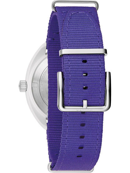Bulova Herrenarmbanduhr Rückansicht: violettes Stoffarmband, silberne Dornschließe