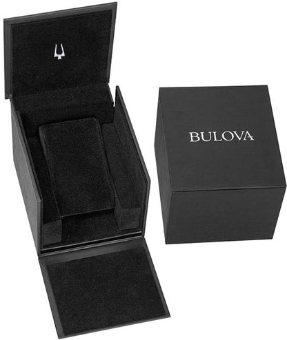 Klocklåda med svart insats och Bulova-logotyp, för förvaring