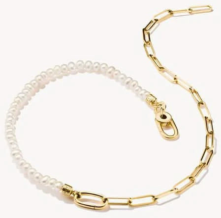 Pärlhalsband med förgyllt länkhalsband och oval anslutningslänk, karbinhake