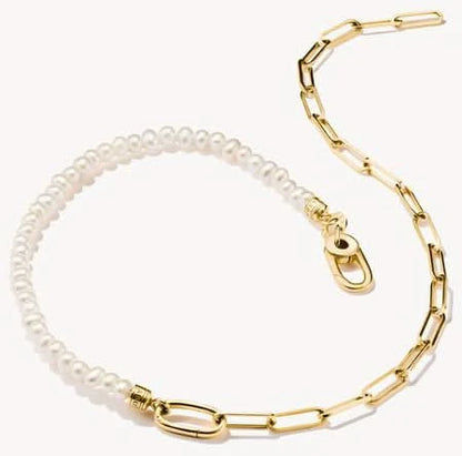 Pärlhalsband med förgyllt länkhalsband och oval anslutningslänk, karbinhake