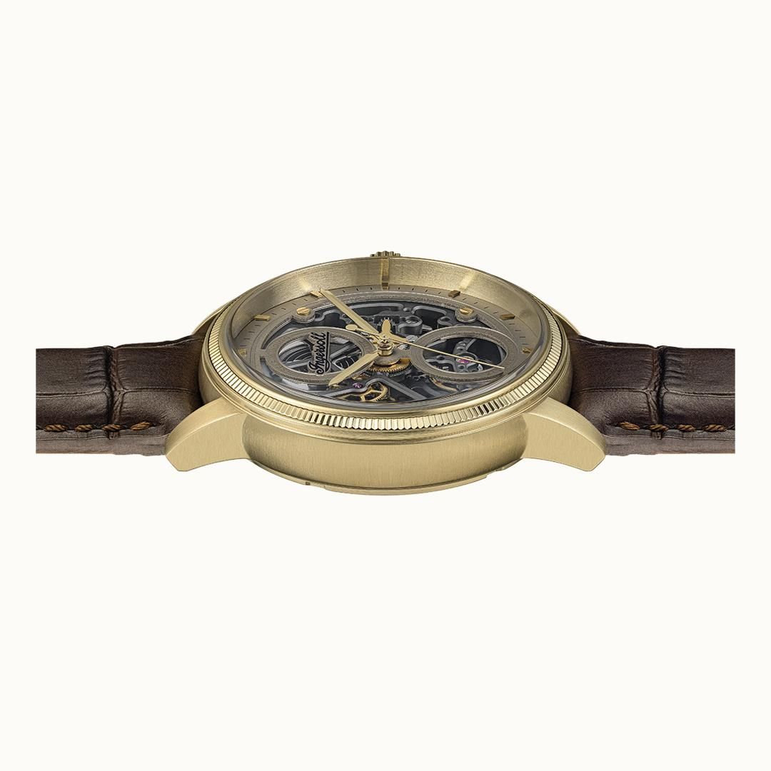 Ingersoll Automatik-Armbanduhr von schräg oben, sichtbares Werk, goldenes Gehäuse