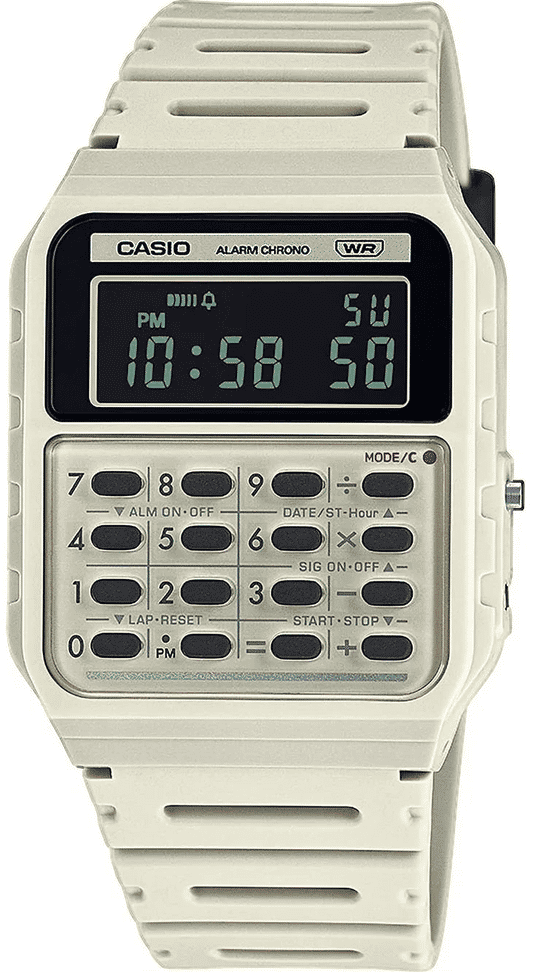 Casio Vintage digital klocka med beige plastarmband och LCD-display, knappar