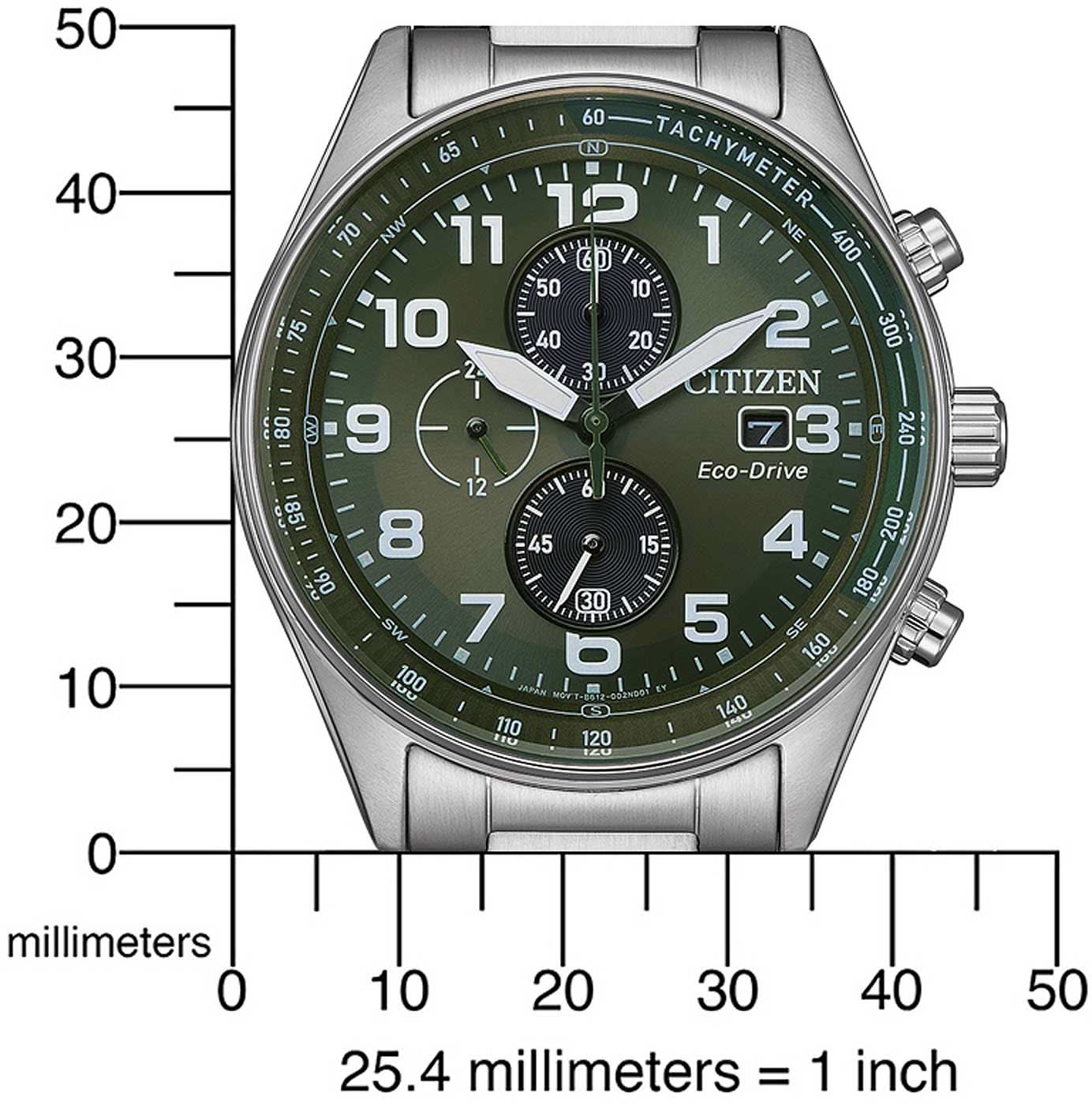 Citizen Eco-Drive Chronograph: grön urtavla med kronograf-suburtavlor och räknare.