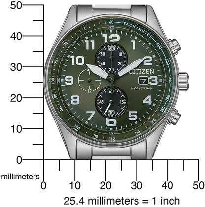 Citizen Eco-Drive Chronograph: grön urtavla med kronograf-suburtavlor och räknare.