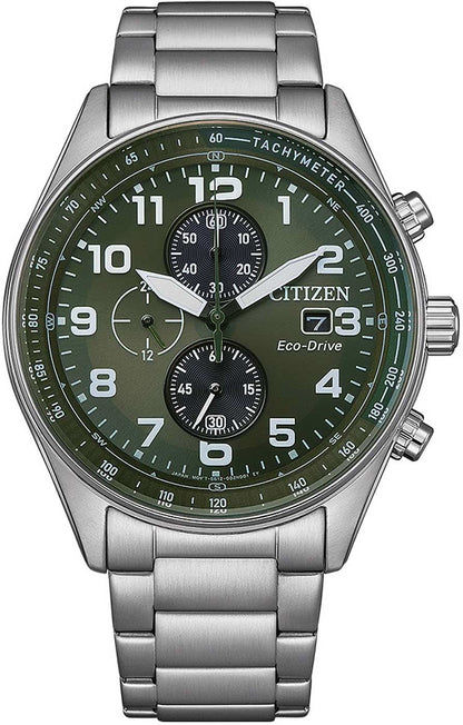 Citizen Eco-Drive Chronograph: Herrklocka med grön urtavla och armband i rostfritt stål.