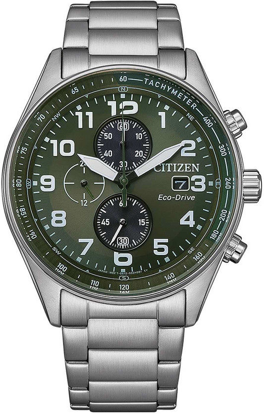 Citizen Eco-Drive Chronograph: Herrklocka med grön urtavla och armband i rostfritt stål.