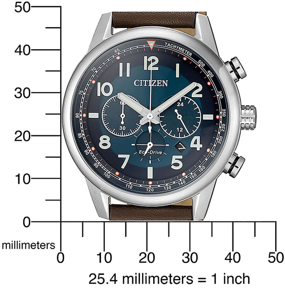 Herrklocka med blå urtavla, brunt läderarmband och tachymeter-ring