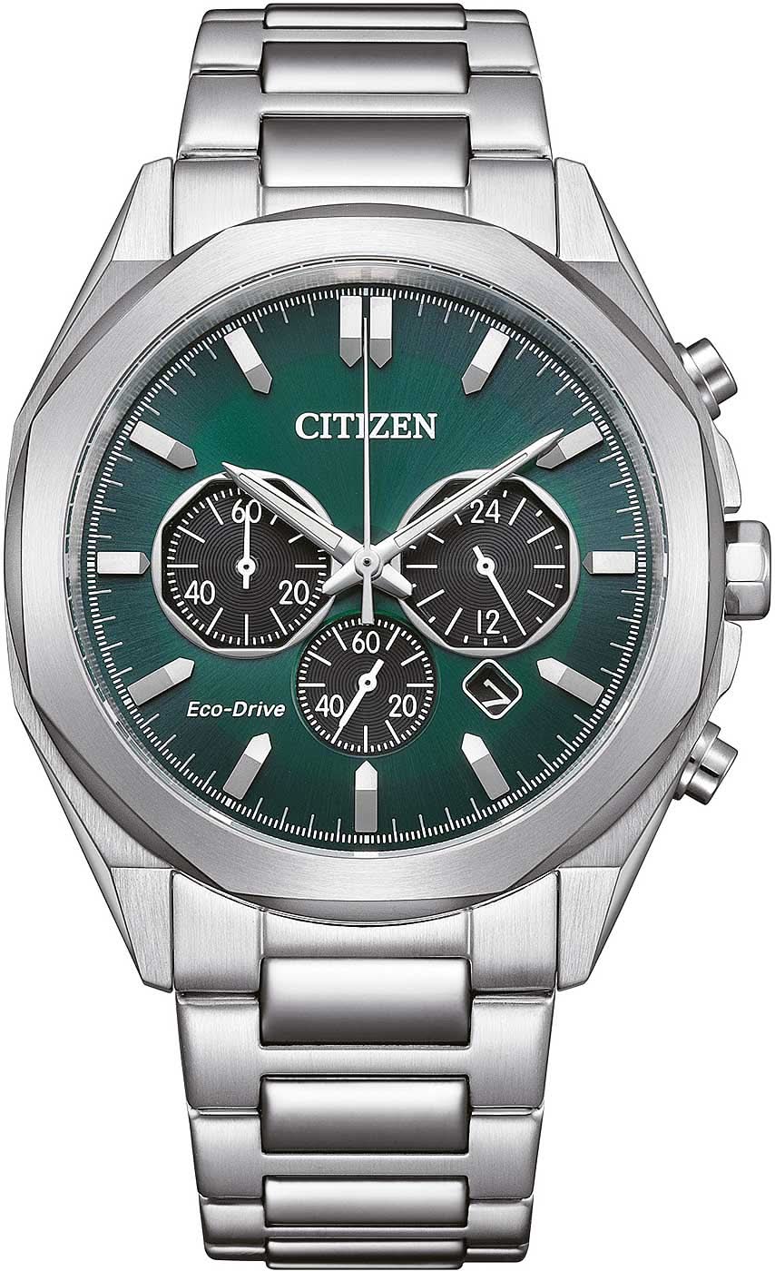 Citizen herrur med grön urtavla, kronograf och armband i rostfritt stål