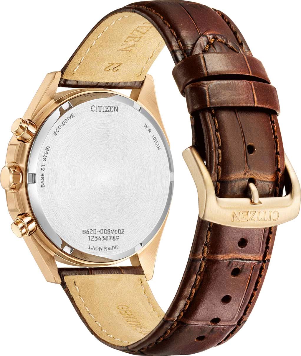 Herrklocka med brunt läderarmband, boett i roséguld och baksida i silver.