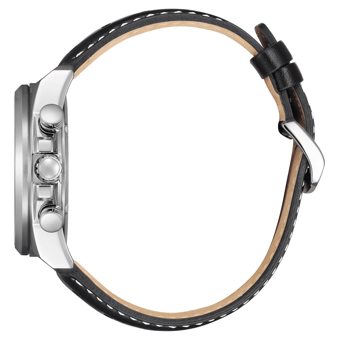 Herrklocka sidovy med svart läderarmband och silverfärgat hölje med knappar
